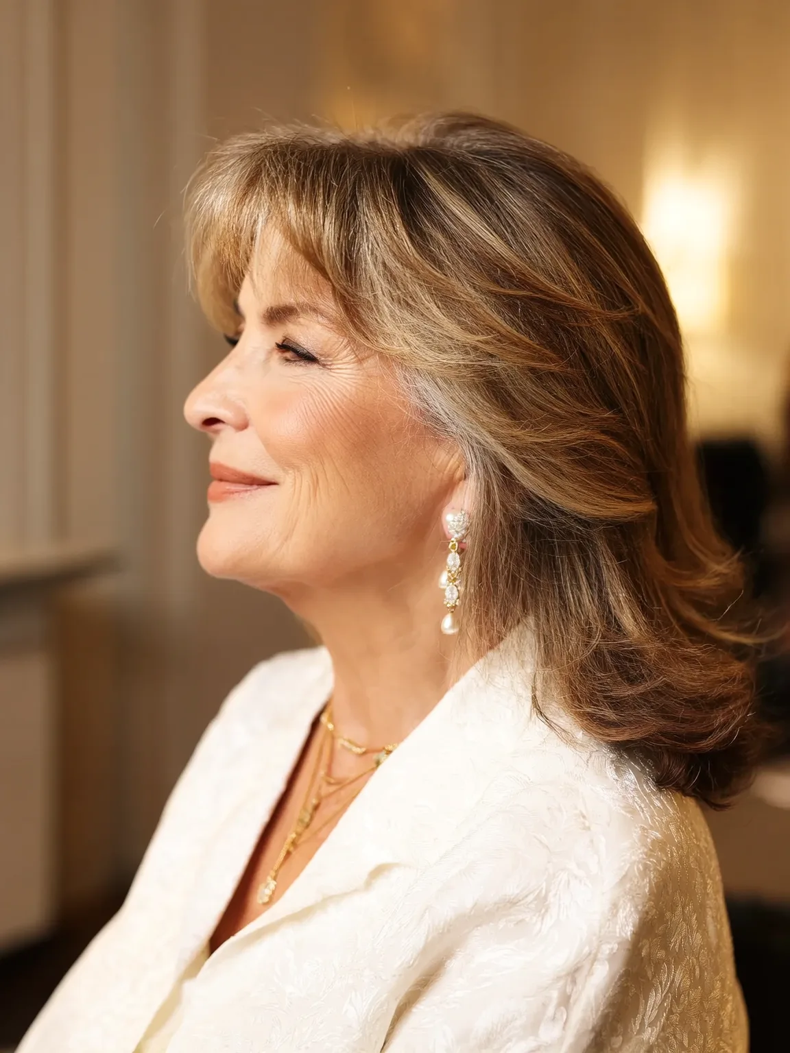 Medium Wavy Ash Bronde Feathered Layers with Curtain Bangs